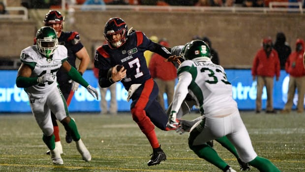 Oct 30, 2021; Montreal, Quebec, CAN; Montreal Alouettes quarterback Trevor Harris (17) runs the ball against the Saskatchewan Roughriders in the fourth quarter during a Canadian Football League game at Molson Field. Mandatory Credit: Eric Bolte-USA TODAY Sports  